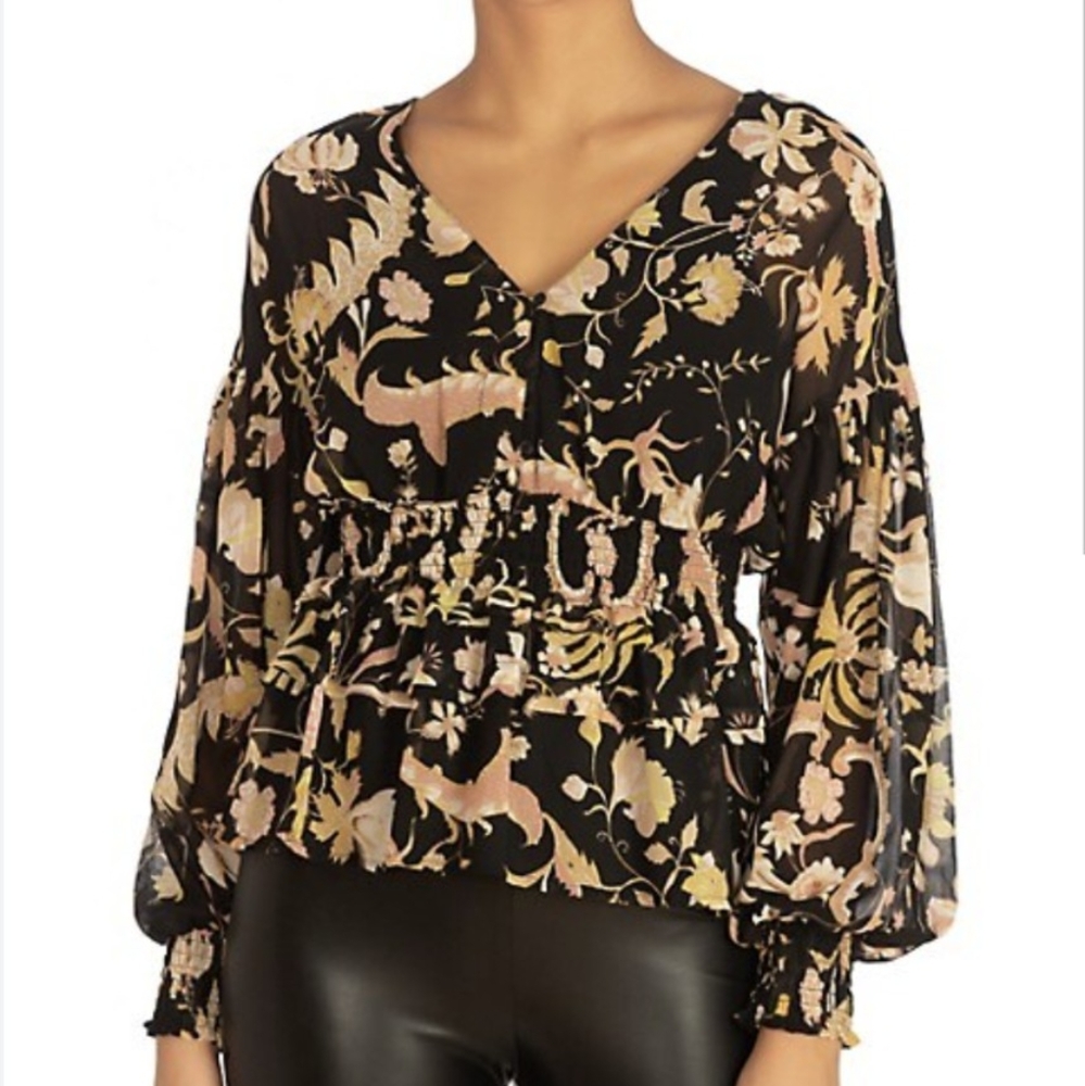 GUESS Blouse Cypress Vines Print Long Sleeve Peplum Top